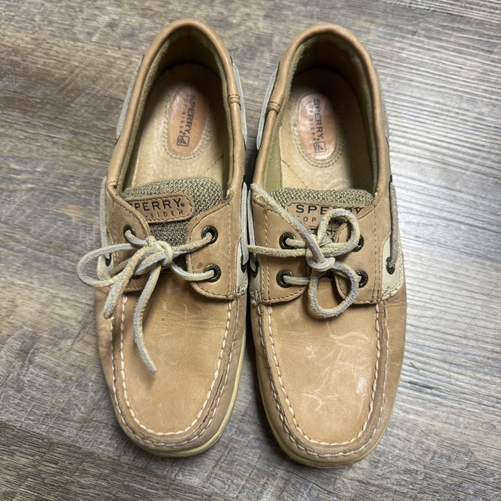 Sperry Top-Sider Bluefish 2-Eye Boat Shoes Womens 7.5 M Tan Linen Oat Leather - Picture 2 of 9